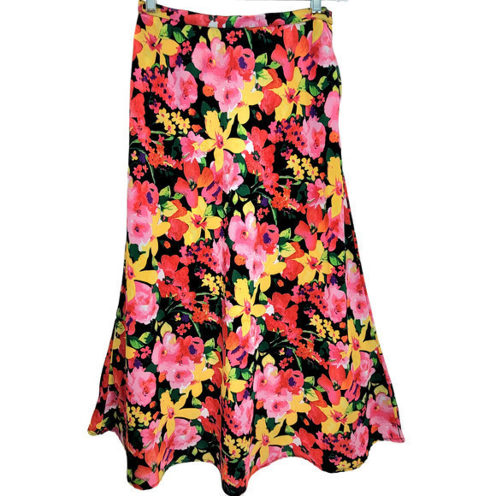 Melrose Studio Vintage‎ Pink Black Floral Elastic Waist A-Line Maxi Skirt